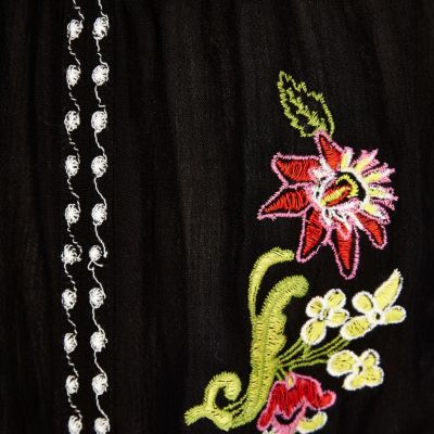 Girls black floral embroidered bardot top
